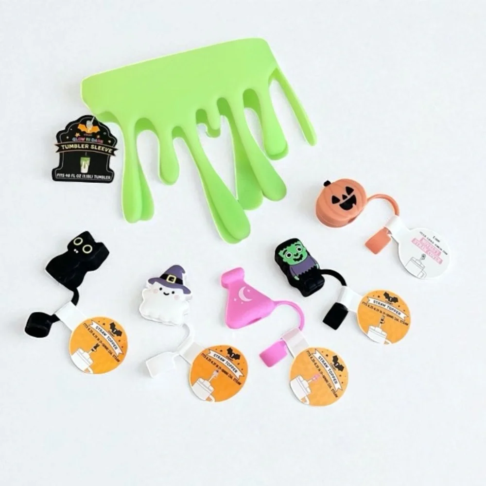 Halloween Tumbler Glow in the Dark Slime Sleeve Straw Toppers Set - Picture 1 of 3